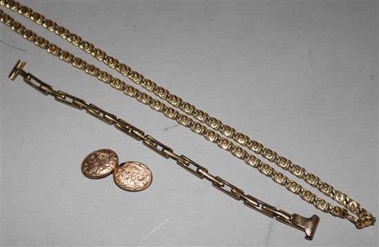 A 9ct gold chain, a single 9ct gold cufflink and a 9ct gold expanding watch bracelet.